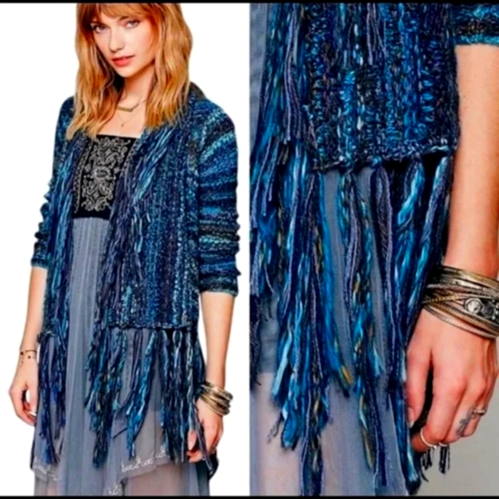 Free People Birkenstock Fringe Cascading Cardigan Sweater Blue xsmall